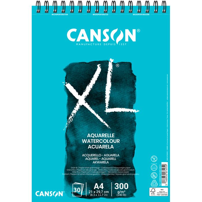 Canson XL Aquarelle - Album reliure à anneaux métalliques - A4 - 30  feuilles - Papiers aquarelle - Peinture Aquarelle