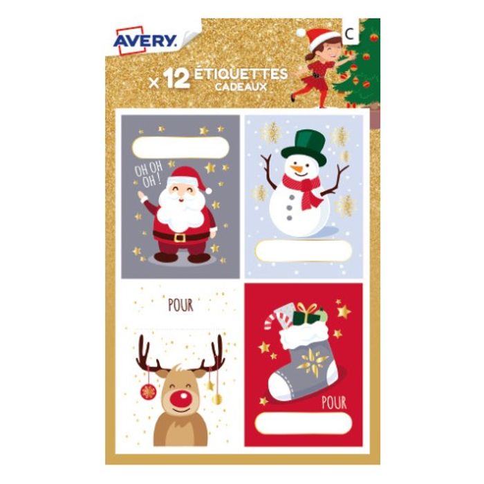 12 étiquettes cadeaux de Noël, bonhomme de neige et Père Noël