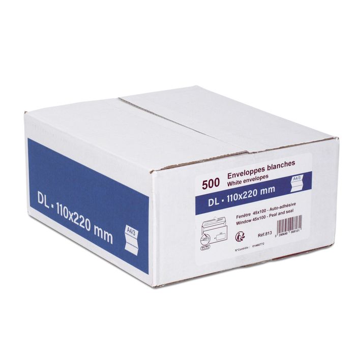 Boîte de 500 enveloppes blanches DL 110x220 90 g/m² fenêtre 45x100 bande de  protection 