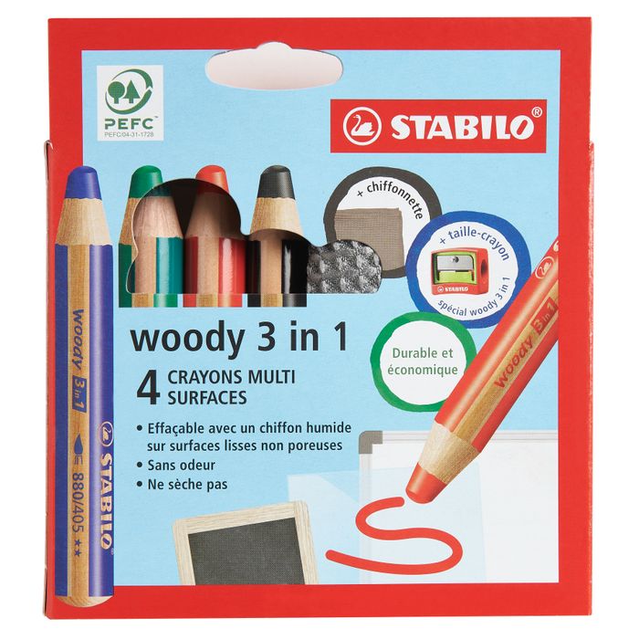 STABILO Woody 3 in 1 - Pack de 4 crayons pointe large pour ardoise