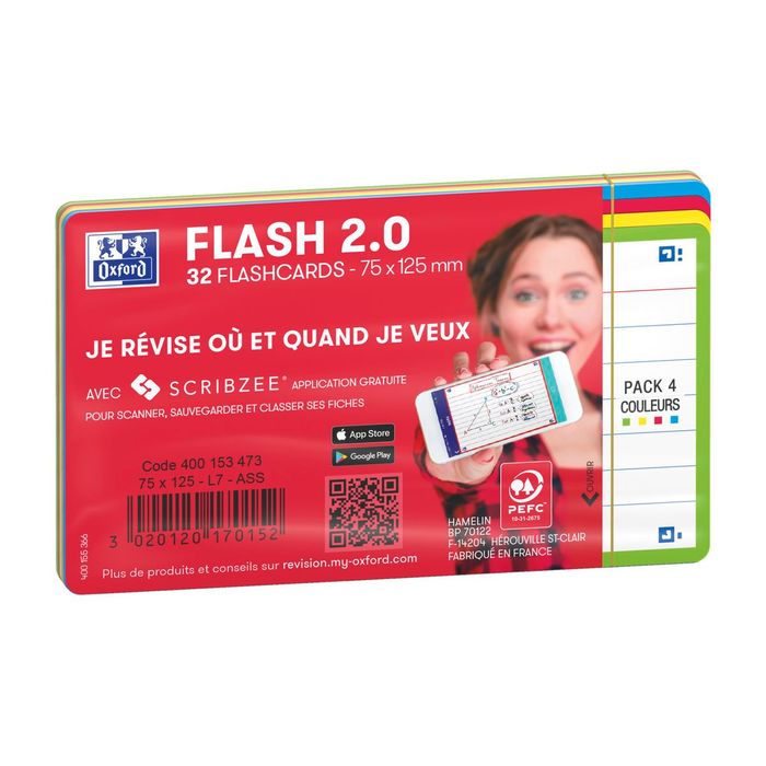 Flashcard Oxford 2.0 75x125mm 80 feuilles 250g ligné rouge 80 Vel
