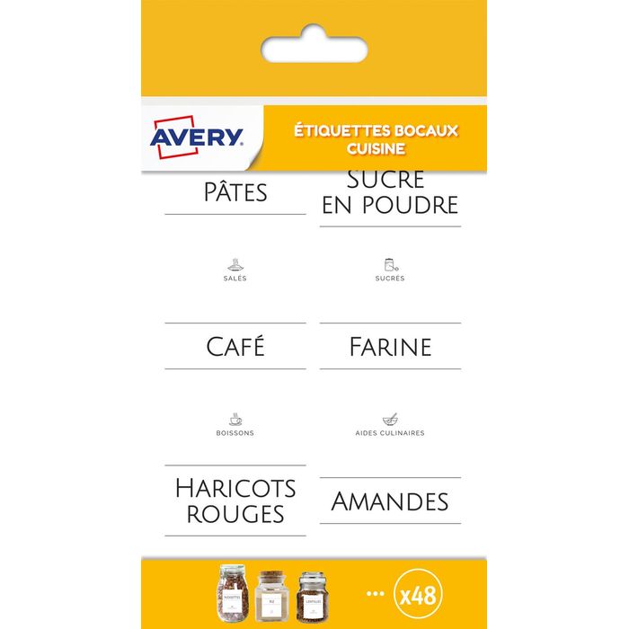 Avery - 48 Étiquettes bocaux produits alimentaires - 48 x 48 mm - noir Pas  Cher