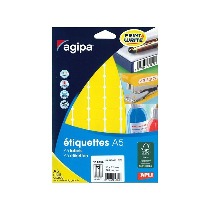 Apli Agipa - Etui A5 - 720 étiquettes jaunes multi-usages - 16 x 22 mm ...