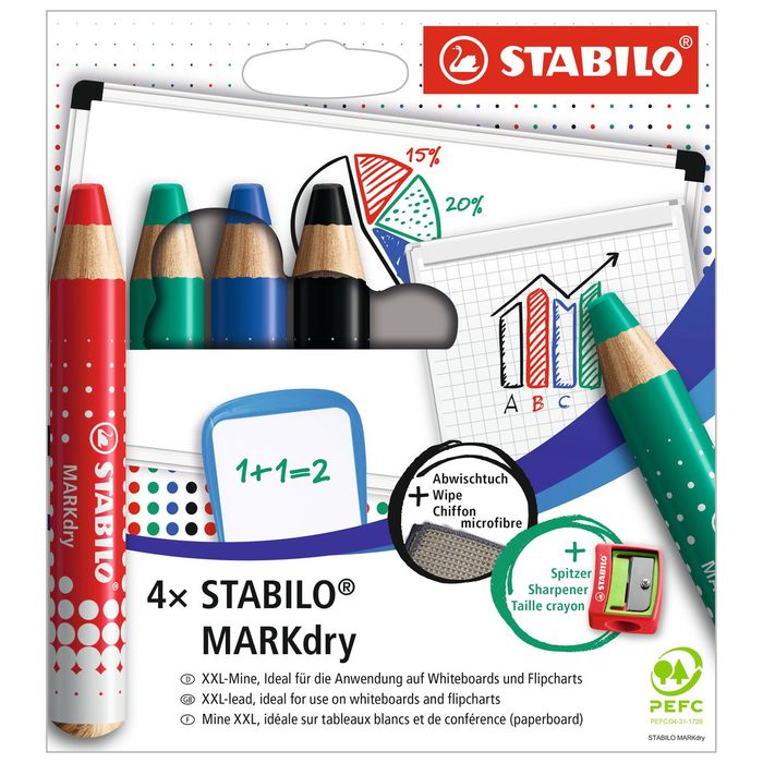STABILO MARKdry - Pack de 4 crayons marqueurs + 1 taille-crayon et 1  chiffonnette - couleurs assorties Pas Cher