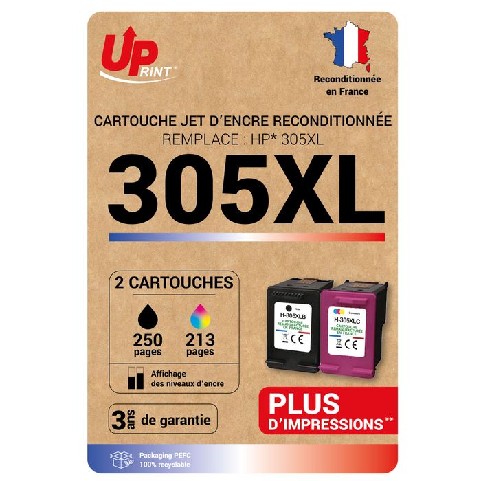 Pack 2 Cartouches 305 XL Uprint Recyclé HP Noir + Cyan + Magenta + Jaune  Uprint moins cher et Garantie 3 ans