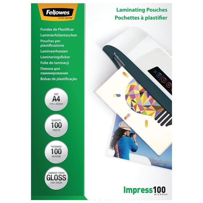 Fellowes - 100 pochettes de plastification A4 (216 x 303 mm) - 100 microns  - brillantes Pas Cher