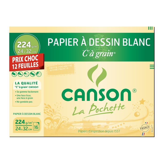 Canson C à grain format spécial - Pochette papier à dessin - 12 feuilles -  24 x 32 cm - 224 gr - blanc Pas Cher