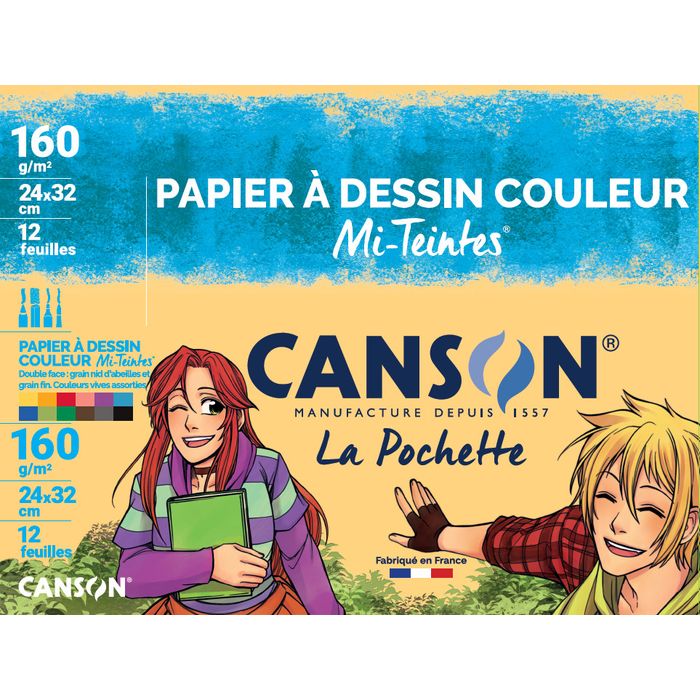 CANSON pochette 12 feuilles couleurs vives Canson 160g 24x32cm pas cher 