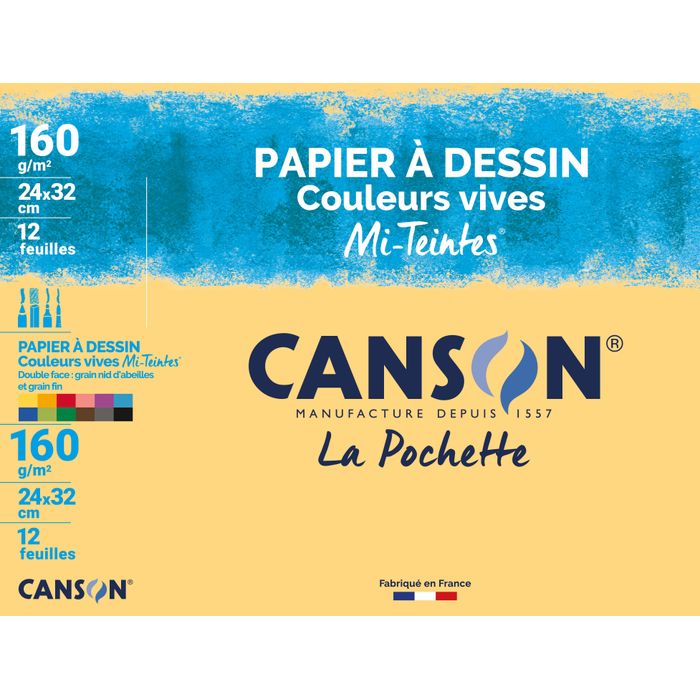 Pochette papier dessin Canson couleurs claires à grain 160g 12 feuilles  24X32 cm