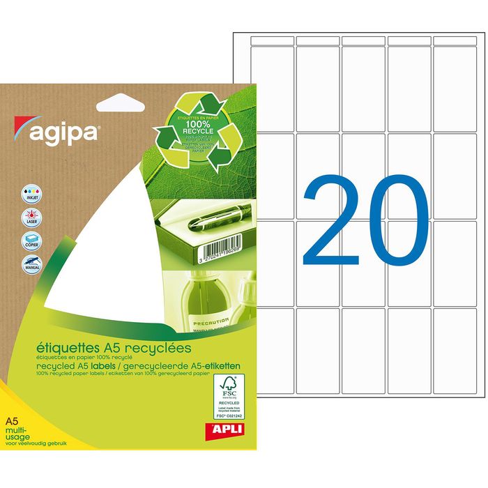 Agipa - Etui A5 - 280 Étiquettes recyclées blanches - 48,5 x 25 mm ...