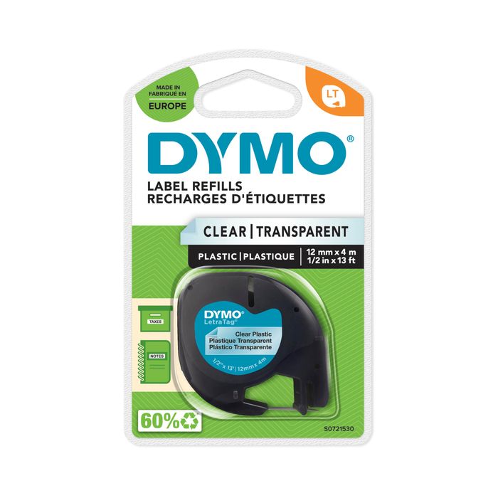 Dymo LetraTAG - Ruban d'étiquettes plastique auto-adhésives - 1 rouleau (12  mm x 4 m) - fond transparent écriture noire Pas Cher
