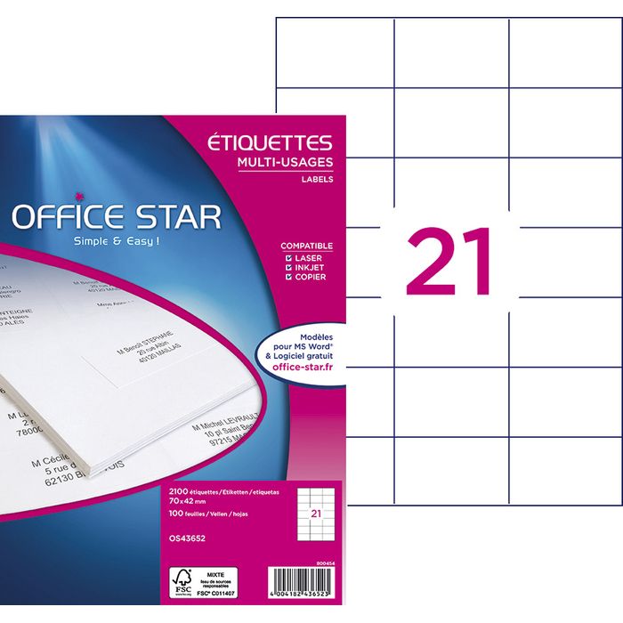 2700 étiquettes Autocollantes Office Star 70x31mm - Blanches Imprimables Laser/jet D'encre
