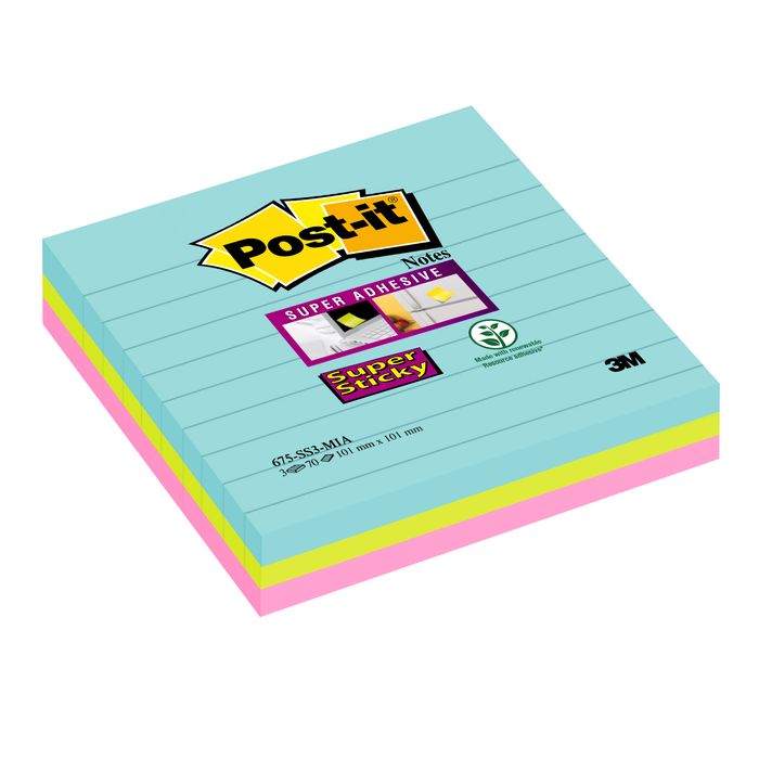Post-it - 3 Blocs notes ligné Super Sticky - grand format 101 x 101 mm Pas  Cher