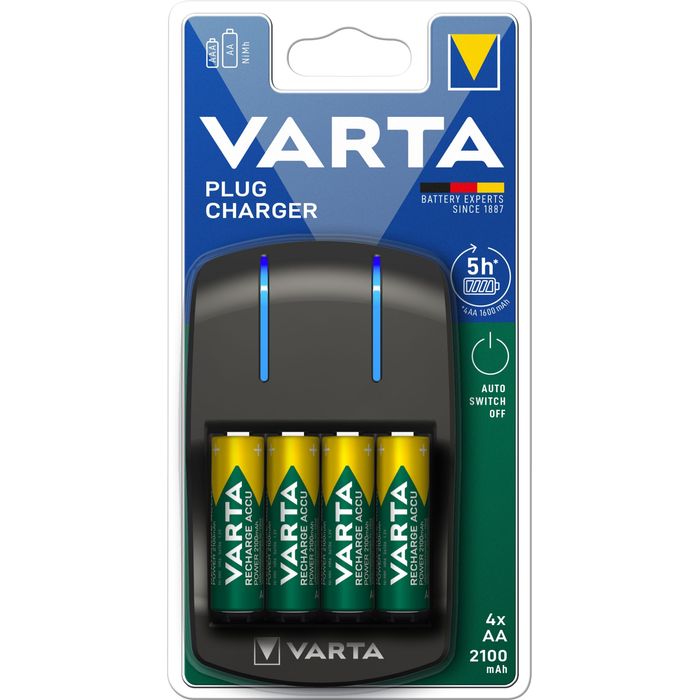 Chargeur de Piles Varta Plug Charger + 4 piles rechargeables AA