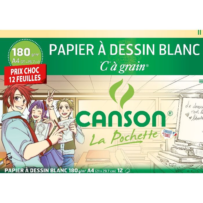 Canson C à Grain - Pochette papier à dessin - 12 feuilles - A4 - 180G -  blanc Pas Cher