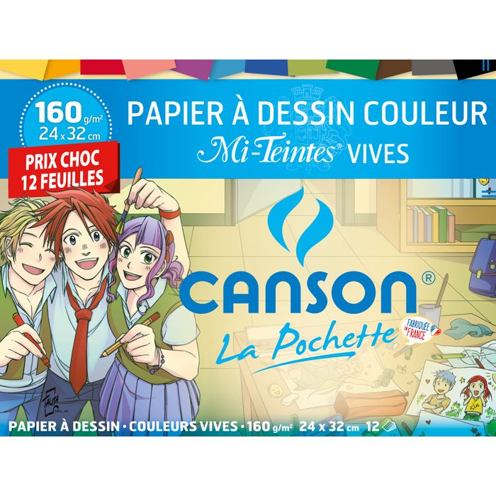 CANSON Pochette papier à dessin couleurs mi-teintes vives 8 feuilles A3  160g/m2 pas cher 