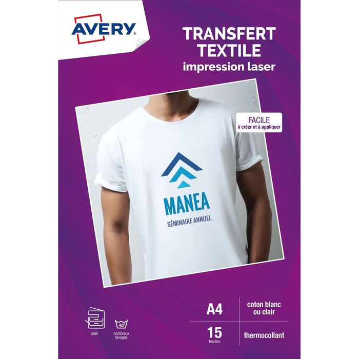 AVERY Boîte de 8 feuilles transferts pour tee-shirt Blanc ou clair