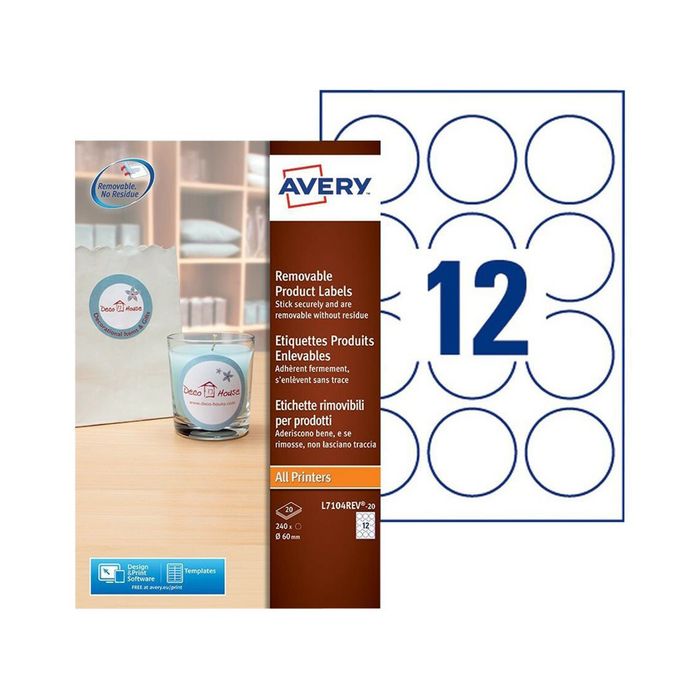 Avery Étiquettes autocollantes amovibles - 12 étiquettes par feuille A4 -  Blanc - L4743REV-25