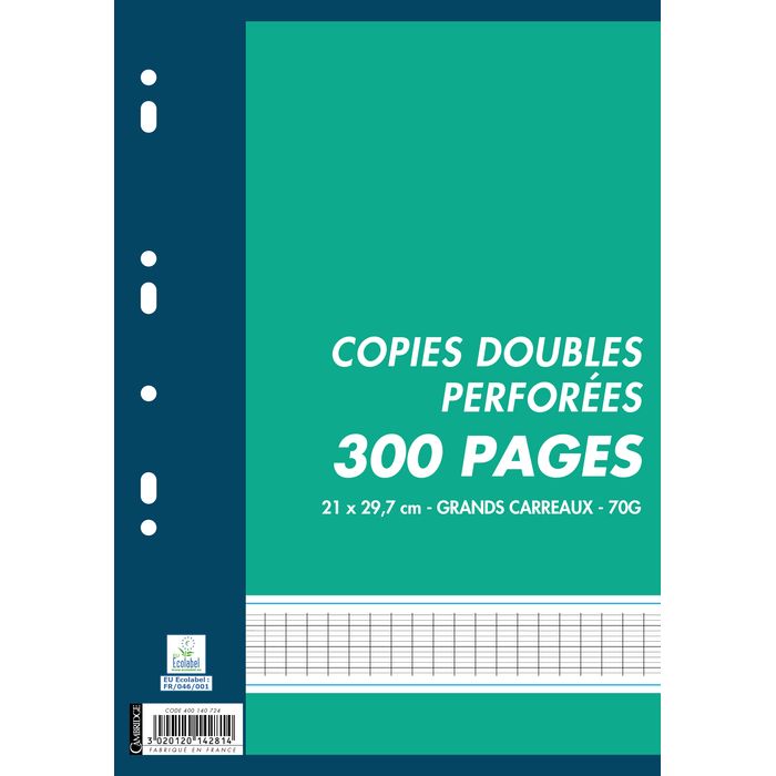500 pages copies doubles, perforées, A4 21x29,7 cm, grands carreaux seyes