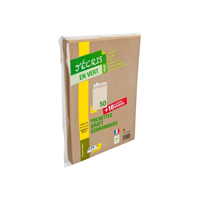 GPV Green - 50 Pochettes Enveloppes + 10 gratuites C4 229 x 324 mm - 90 gr  - sans fenêtre - kraft - bande adhésive Pas Cher