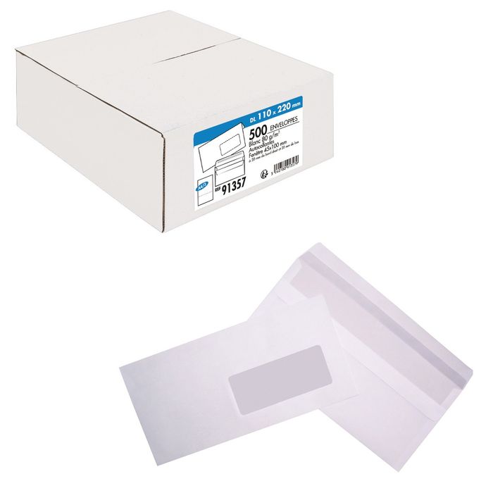 Enveloppe blanche Raja DL - 110 x 220 mm - 80g avec fenêtre - autocollante  - boîte 500 unités pas cher