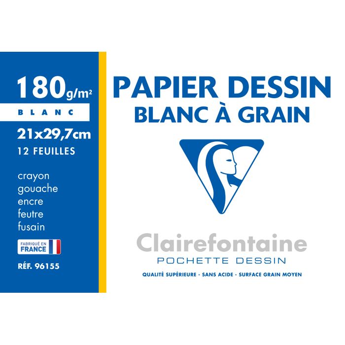 Clairefontaine - Dessin à Grain - pochette papier à dessin - 12 feuilles -  A4 - 180G - blanc Pas Cher