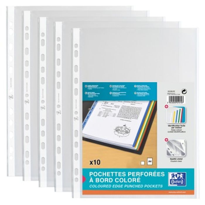 Oxford 6 Pochettes Plastiques A4 Perforées Avec Bouton Velcro - Lot De 2 (12 Pochettes)