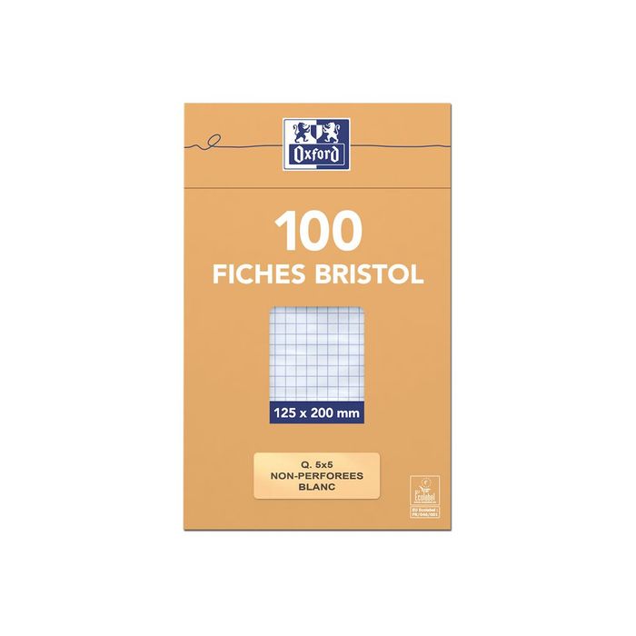 FICHES BRISTOL OXFORD A4 PETITS CARREAUX 5MM 100 FICHES BLANCHES