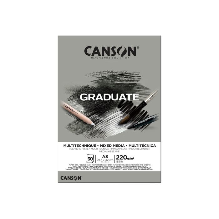 Canson Graduate Mix Media - Bloc dessin - 30 feuilles - A3 - 220 gr - gris  Pas Cher