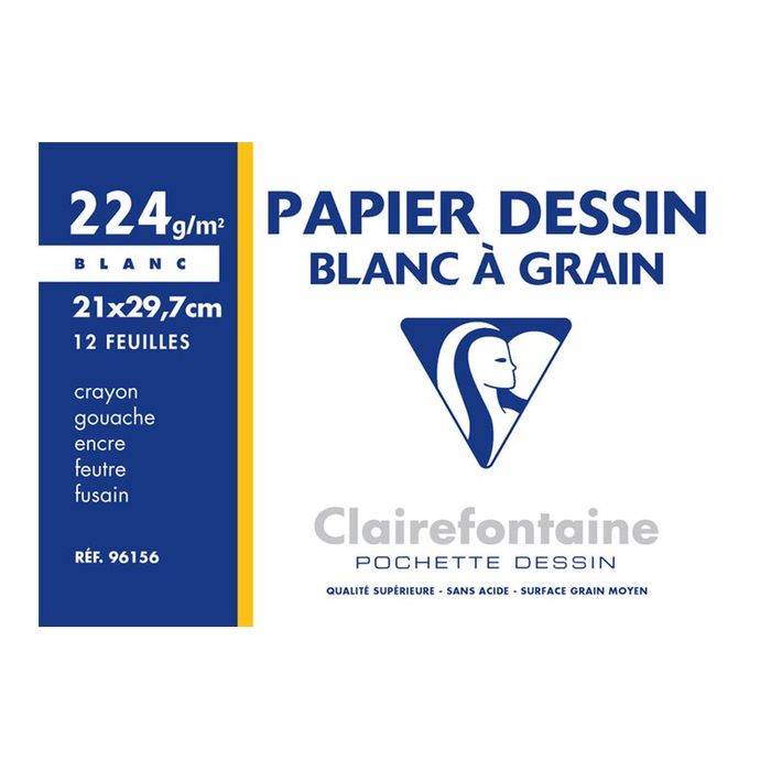 Clairefontaine 96156C - Pochette Dessin Scolaire - 12 Feuilles Papier  Dessin Blanc à Grain - A4 21x29,7 cm 224g - Idéal pour les Arts Plastiques