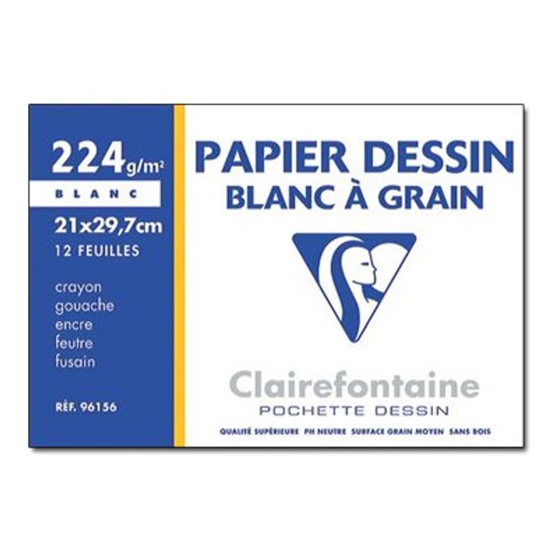 3329680961560-Clairefontaine Dessin à Grain - Pochette papier à dessin - 12 feuilles - A4 - 224 gr - blanc-P_6156_1-0