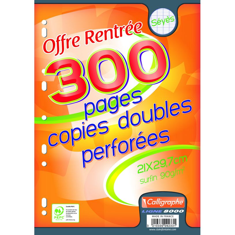 3210330092331-Calligraphe - copies doubles sous film -300 pages - A4 - grands carreaux (Seyes) - perforées-P_9233_1-0