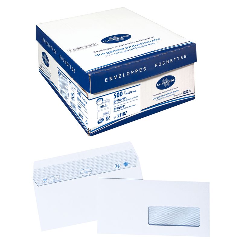 3240180211934-La Couronne - 500 Enveloppes DL 110 x 220 mm - 90 gr - fenêtre 35x100 mm - blanc - bande auto-P_21187_1-0