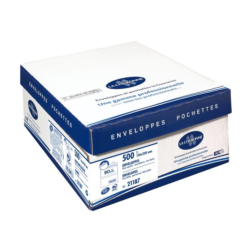 3240180211934-La Couronne - 500 Enveloppes DL 110 x 220 mm - 90 gr - fenêtre 35x100 mm - blanc - bande auto-P_21187_3-2