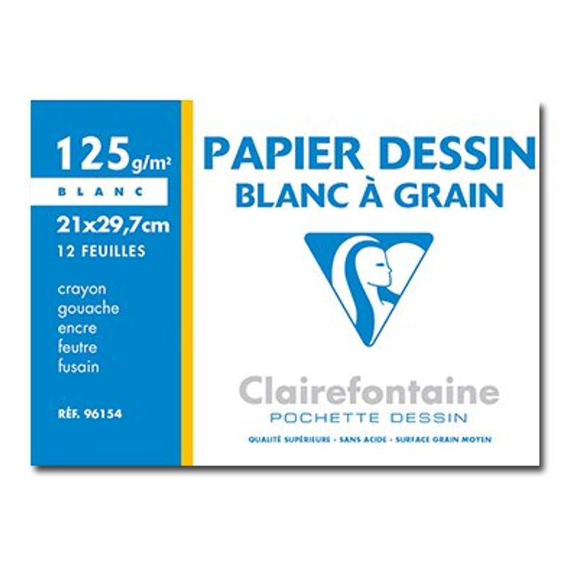 3329680961546-Clairefontaine Dessin à Grain - Pochette papier à dessin - 12 feuilles - A4 - 125 gr - blanc-P_96154_1-0