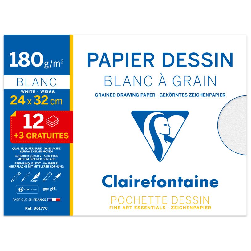 3329680961775-Clairefontaine - Pochette papier à dessin  - 15 feuilles (dont 3 gratuites) - 24 x 32 cm - 18-P_96177_1-0