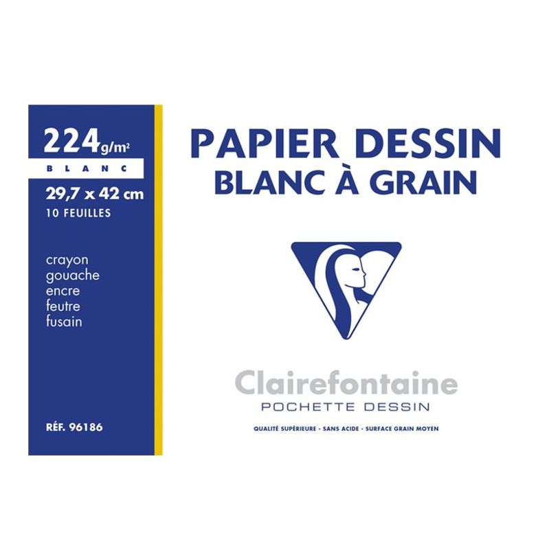3329680961867-Clairefontaine Dessin à Grain - Pochette papier à dessin - 10 feuilles - A3 - 224 gr - blanc-P_96186_1-0