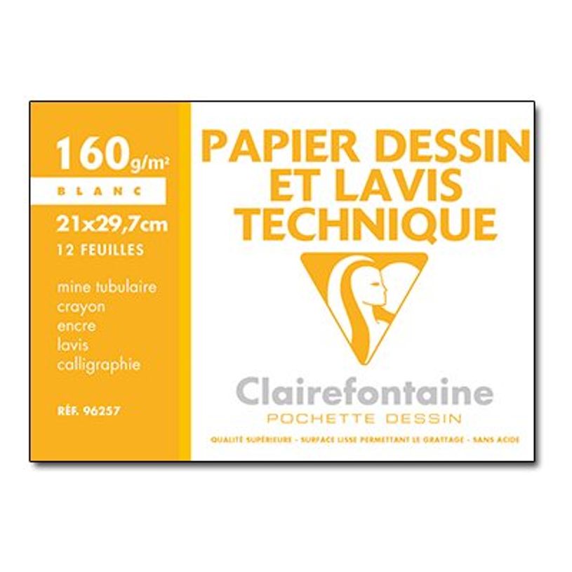 3329680962574-Clairefontaine Dessin à Grain - Pochette papier à dessin - 12 feuilles - A4 - 160 gr - blanc-P_96257_1-0
