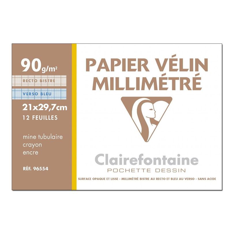 3329680965544-Clairefontaine - Pochette papier à dessin millimétré velin - 12 feuilles - A4 - 90G-P_96554_1-0