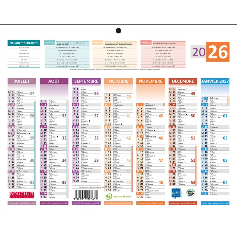 3592930026658-Calendrier bancaire année civile BOUCHUT "4 Saisons Mini" 21 x 26,5 cm Pefc 70 %--1