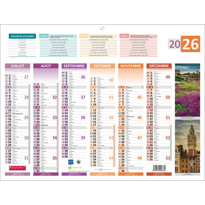 3592930026665-Calendrier bancaire année civile BOUCHUT "4 Saisons Medium" 32 x 42 cm Pefc 70 %--1