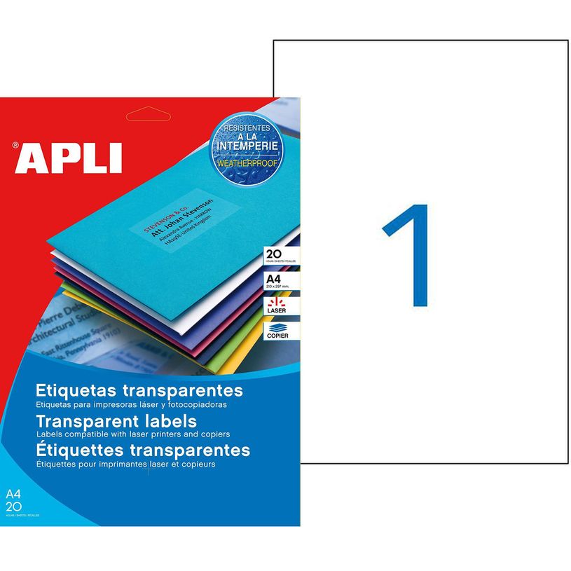 3270241301465-Apli Agipa - 20 Étiquettes transparentes impression laser - 210 x 297 mm - coins droits - r