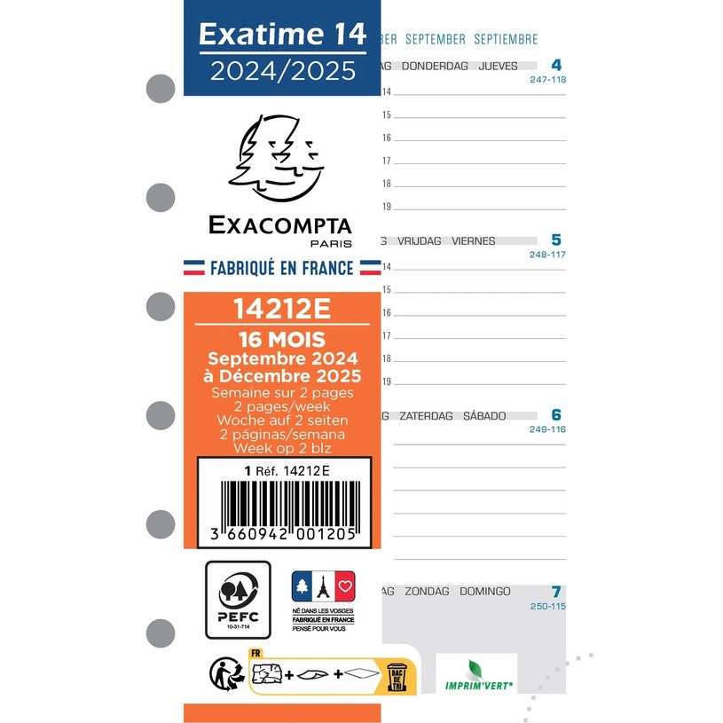 3660942001205-Exacompta Exatime 14 - Recharge (septembre à décembre) pour organiseur - 1 semaine sur 2 pages - 8,1 --0