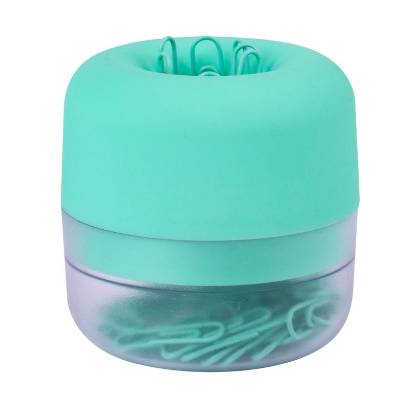 8410782186656-Distributeur trombones vert émeraude magnétique soft touch avec base translucide et 50 trombones--0