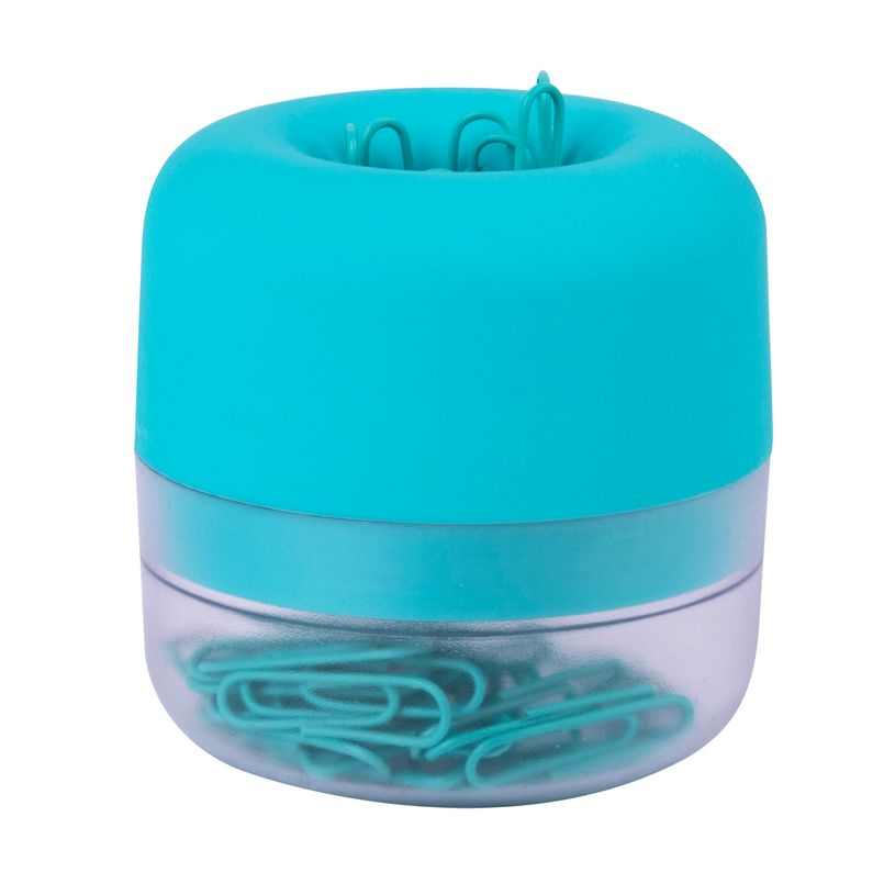 8410782186663-Distributeur de trombones bleu magnétique soft touch avec base translucide et 50 trombones 28 mm--0