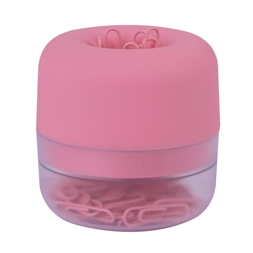 8410782186687-Distributeur de trombones rose magnétique soft touch avec base translucide et 50 trombones 28 mm--0