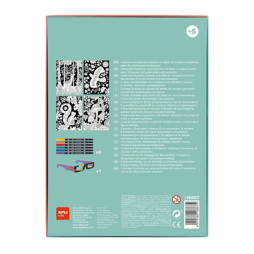 8410782188674-Jeu de coloriage 3D avec 4 planches animaux - 6 feutres double pointe et lunettes 3D incluses--3