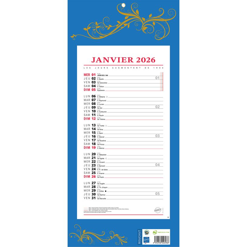 3592930026986-Calendrier bloc mensuel à feuillets année civile BOUCHUT "411 Bleu" 19 x 42 cm Pefc 70 %--0