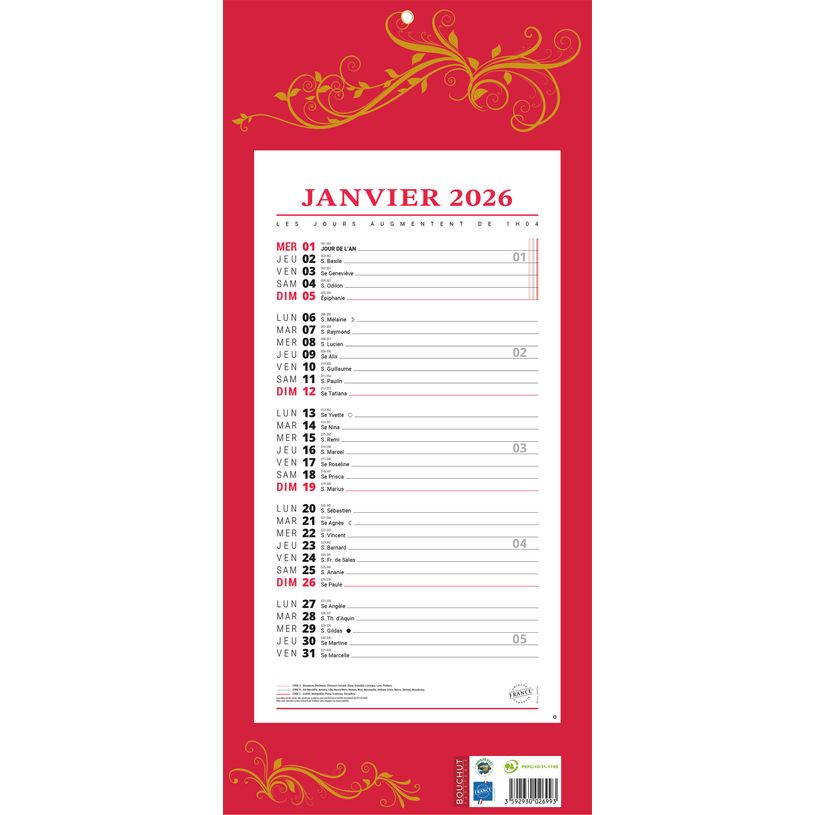 3592930026993-Calendrier bloc mensuel à feuillets année civile BOUCHUT "411 Rouge" 19 x 42 cm Pefc 70 %--0