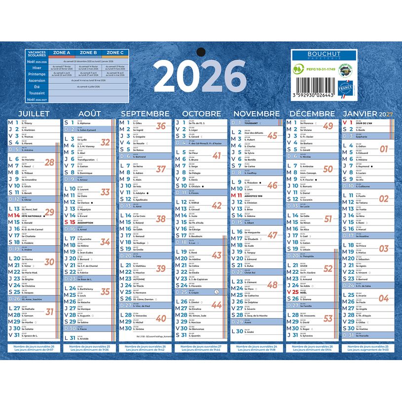 3592930026443-Calendrier bancaire année civile BOUCHUT "215 Bleu" 21 x 26,5 cm coloris bleu Pefc 70 %--1